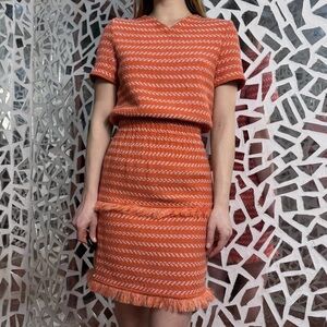 Maje Roberts Tomette Dress Tweed Fringe Stripes Coral Sheath Knee length large